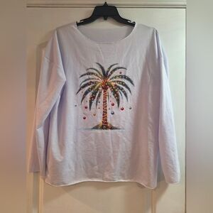 Christmas.  White Long Sleeve Shirt with Palm Tree Design